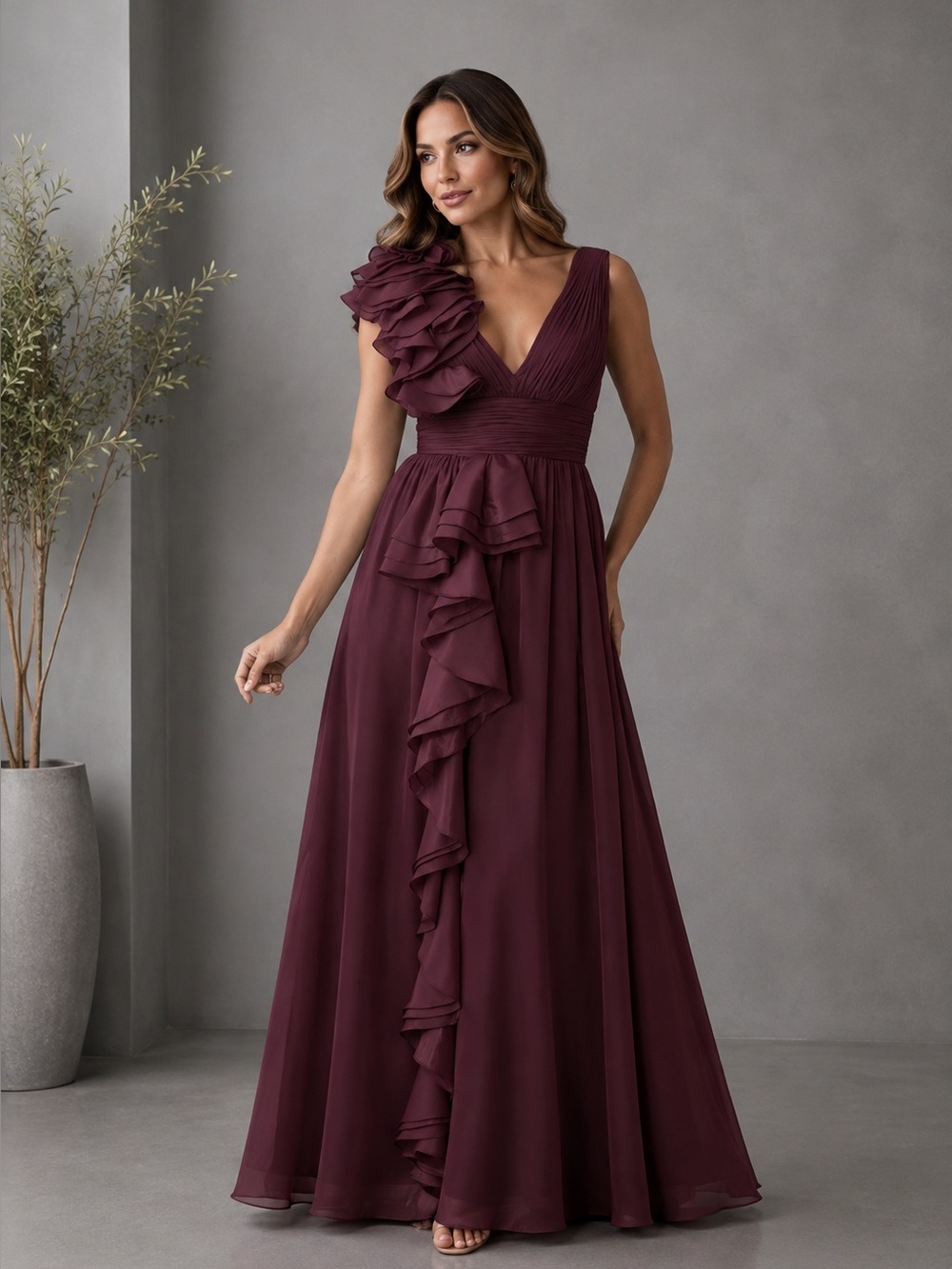 XSCAPE EVENINGS ORGANZA RUFFLE MAXI DRESS SIZE 4 B2067